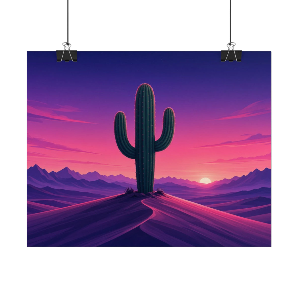 Synthwave Saguaro Sunset 10x8 rolled art print hanging from clips