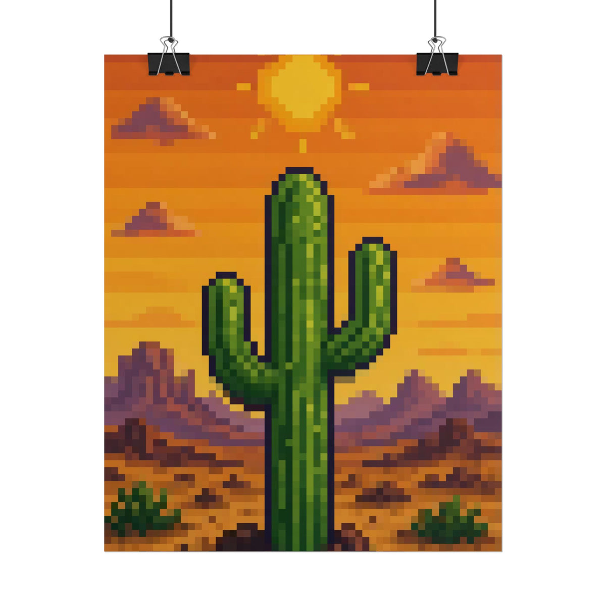 Pixel Desert Sunset 8x10 rolled art print hanging from clips