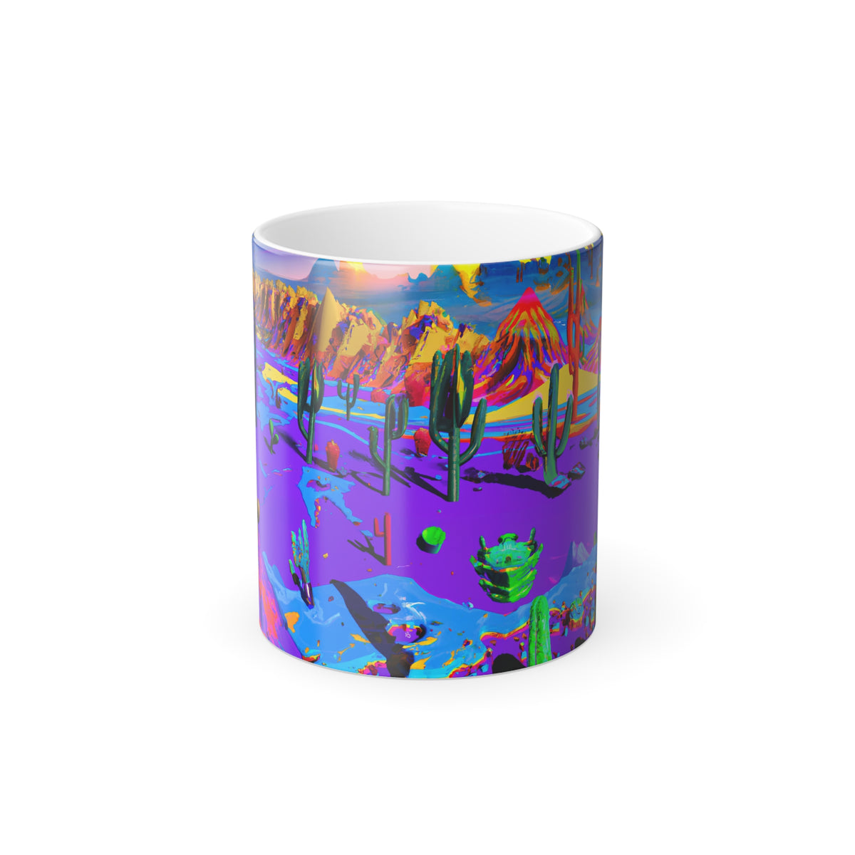 specimen mug: heat bloom, 11oz color-changing mug, hot, front view showing full design