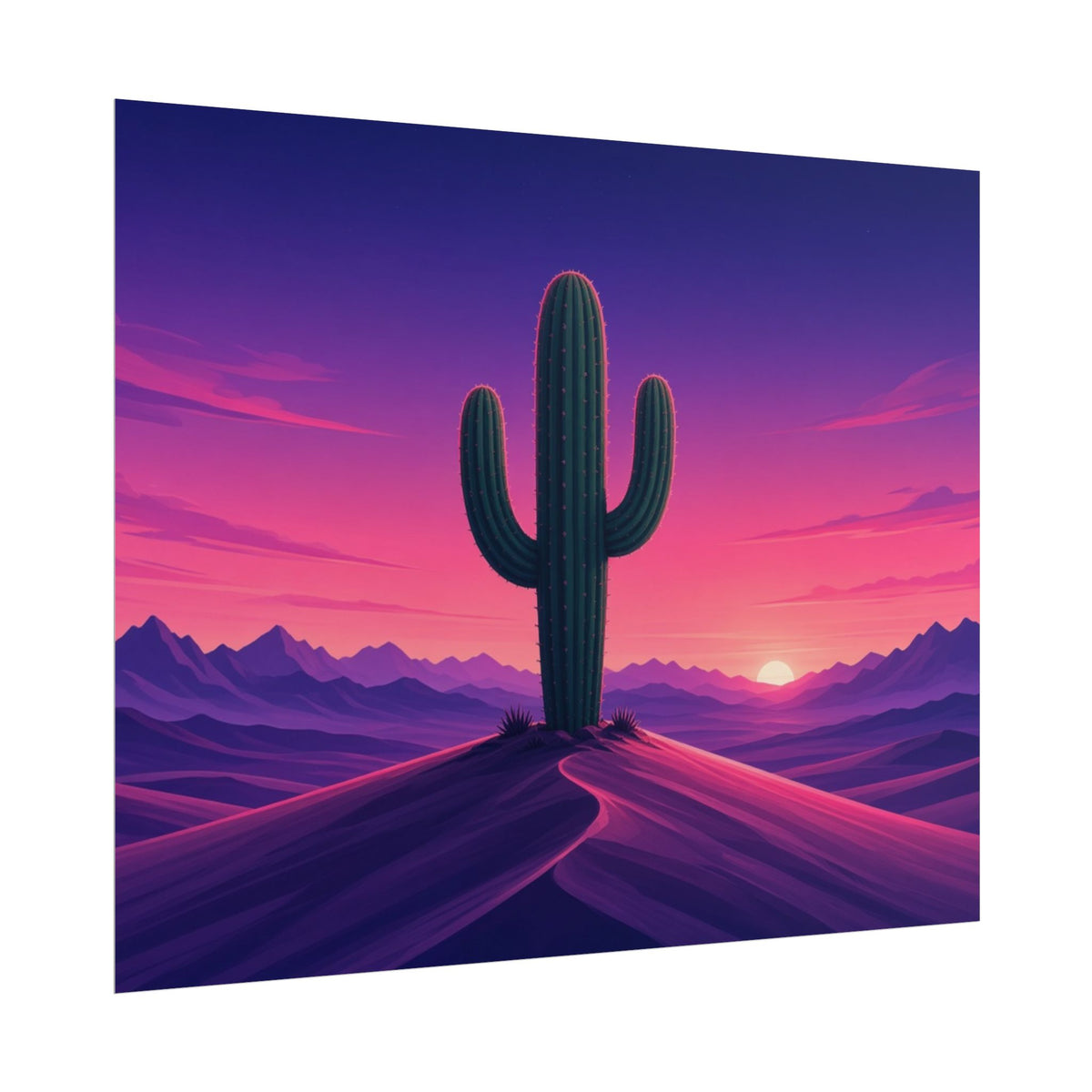 Synthwave Saguaro Sunset 10x8 rolled art print, angled side view