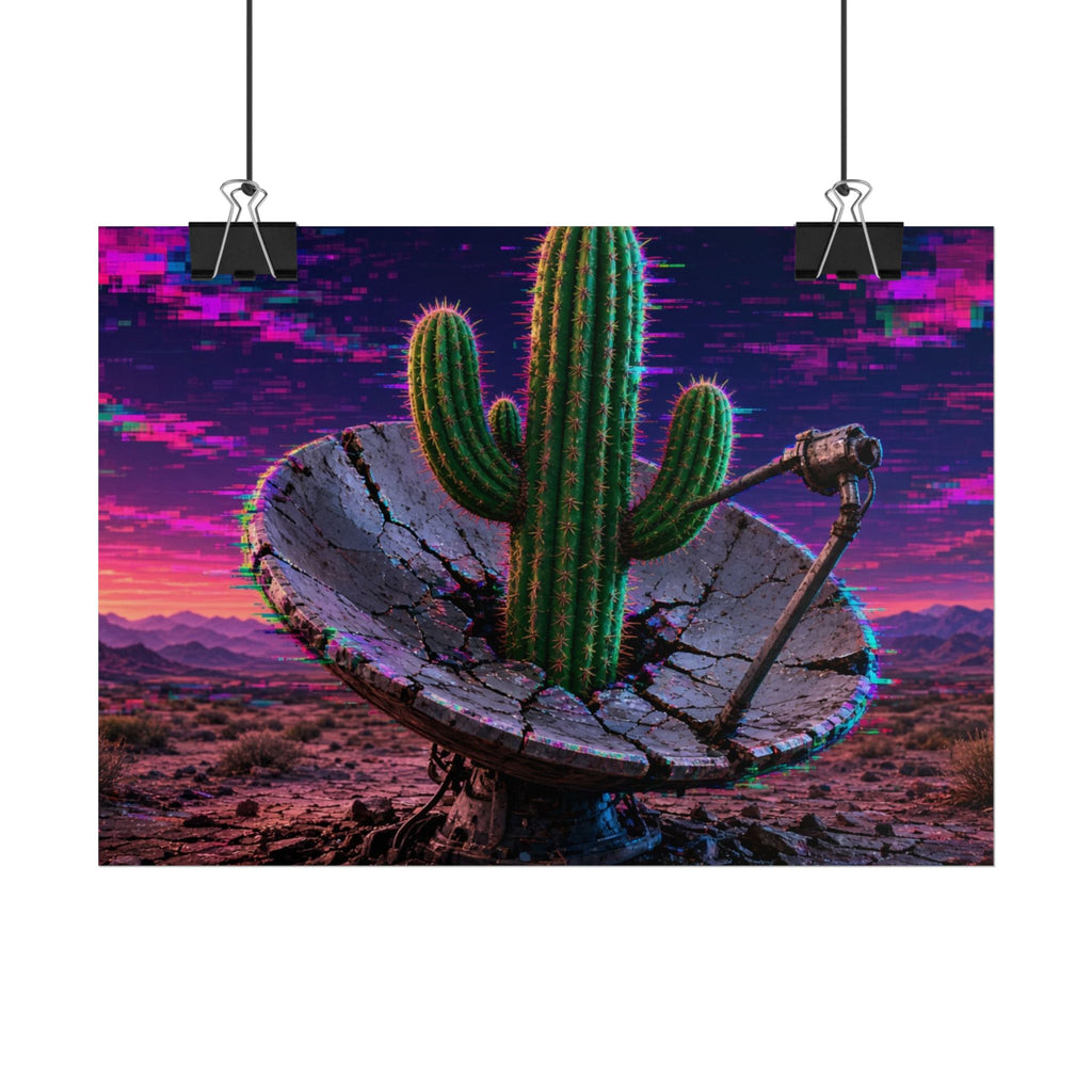 Glitch Cactus Satellite 7x5 rolled art print hanging from clips