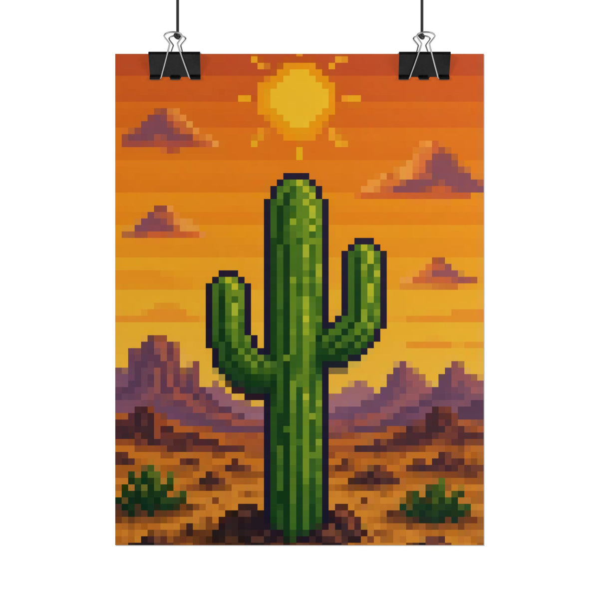 Pixel Desert Sunset 6x8 rolled art print hanging from clips