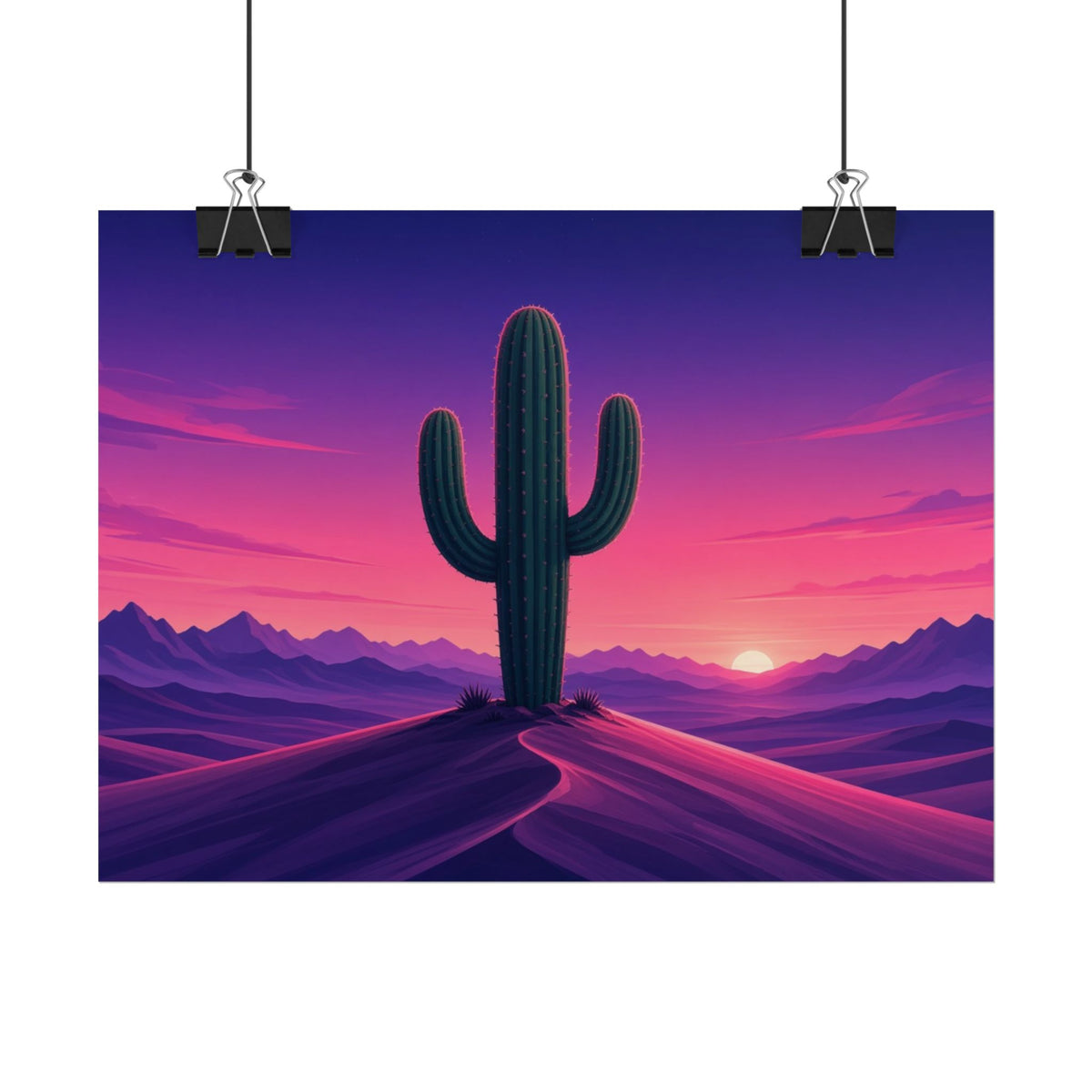 Synthwave Saguaro Sunset 8x6 rolled art print hanging from clips