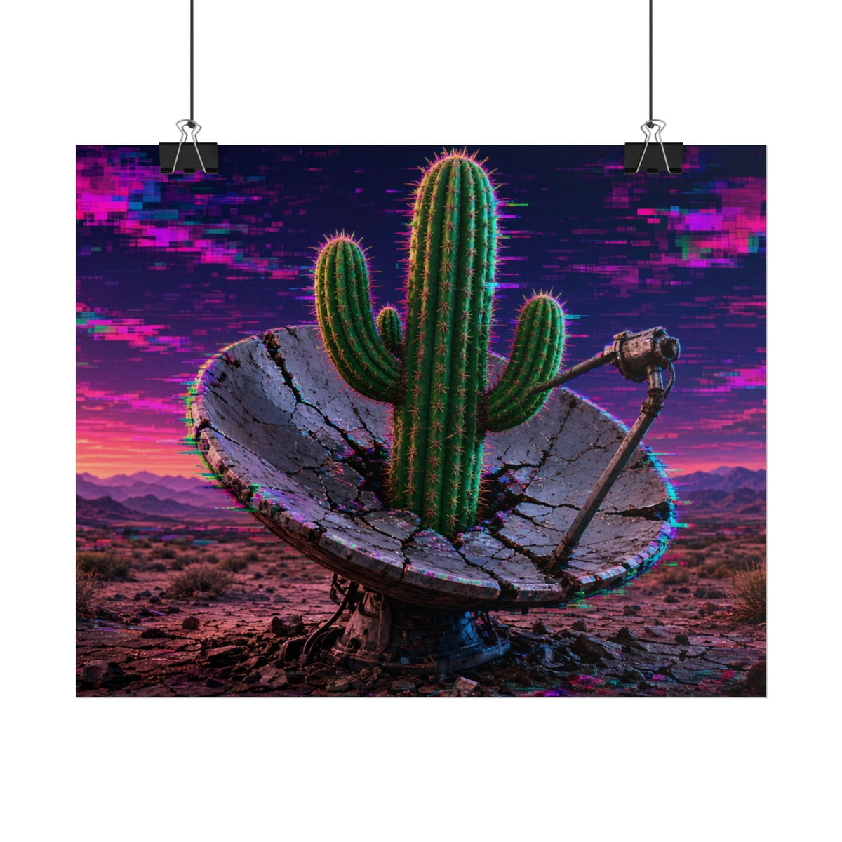 Glitch Cactus Satellite 10x8 rolled art print hanging from clips