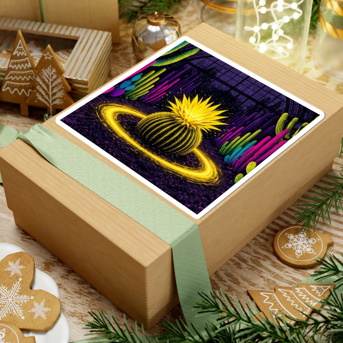 specimen 01: ignition sticker, large, on a kraft gift box