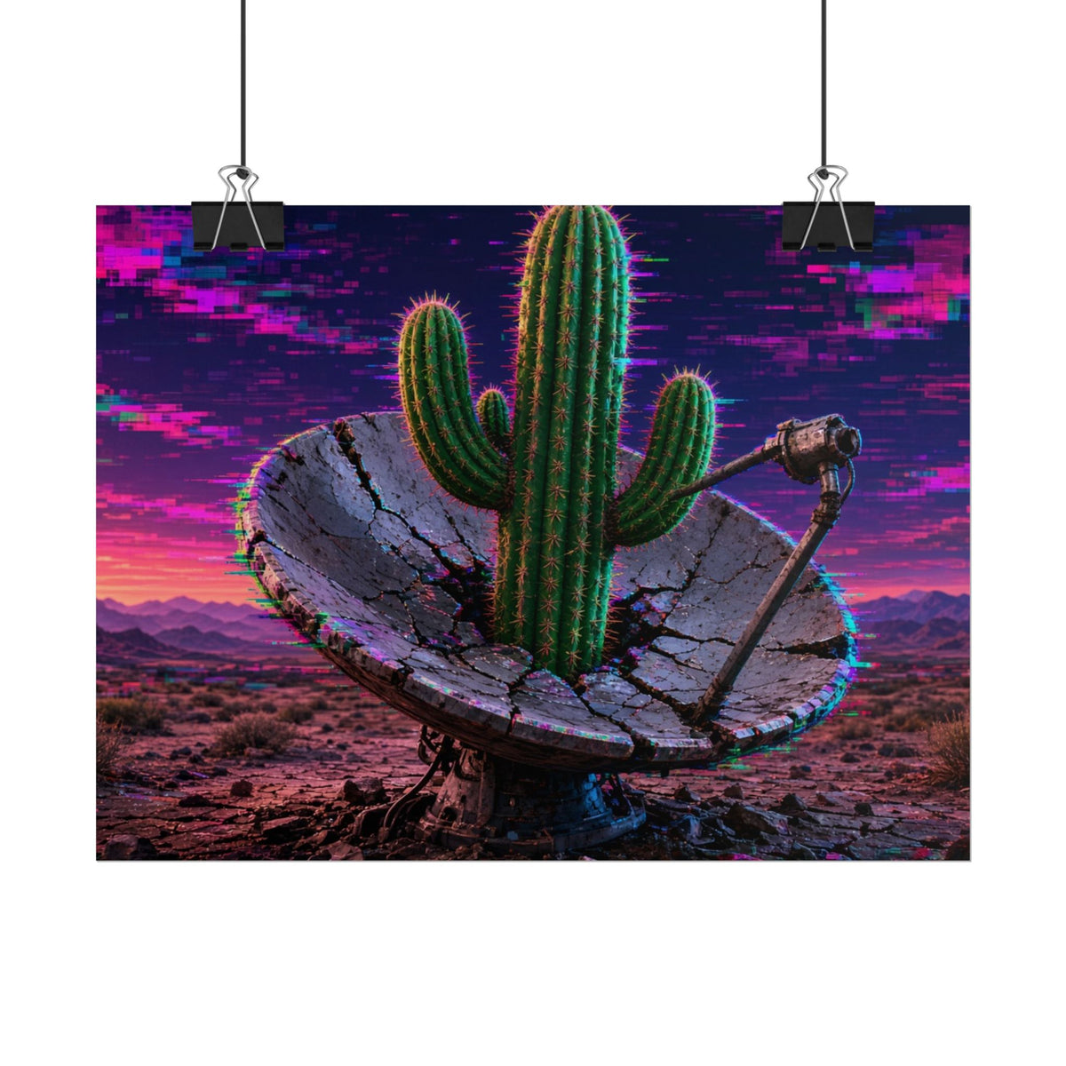 Glitch Cactus Satellite 8x6 rolled art print hanging from clips