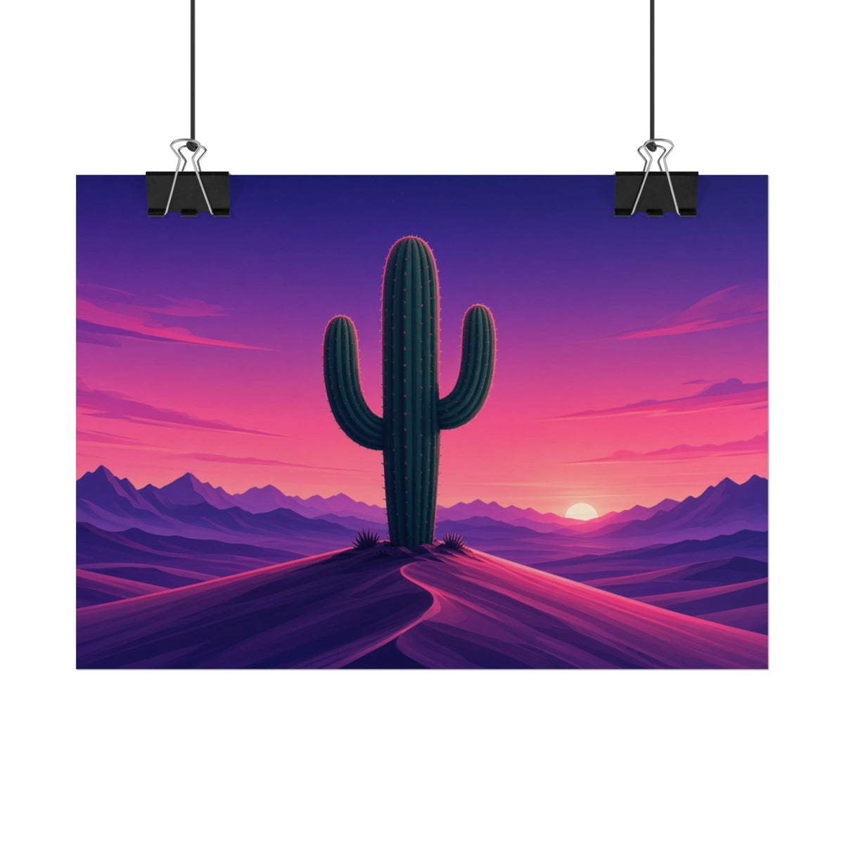 Synthwave Saguaro Sunset 7x5 rolled art print hanging from clips