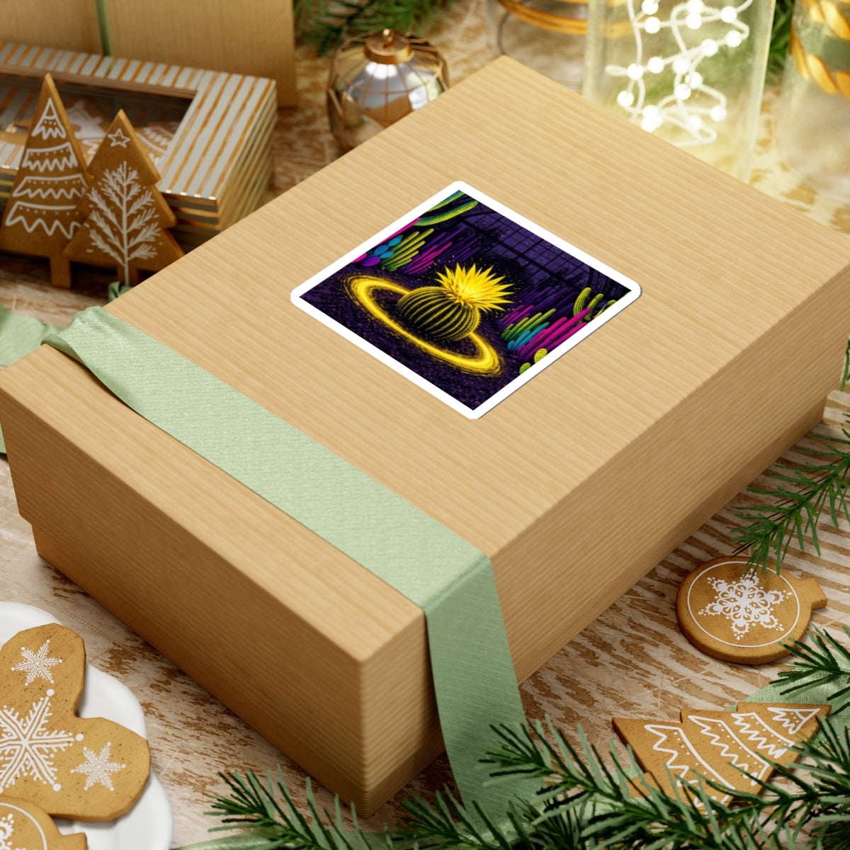 specimen 01: ignition sticker, small, on a kraft gift box