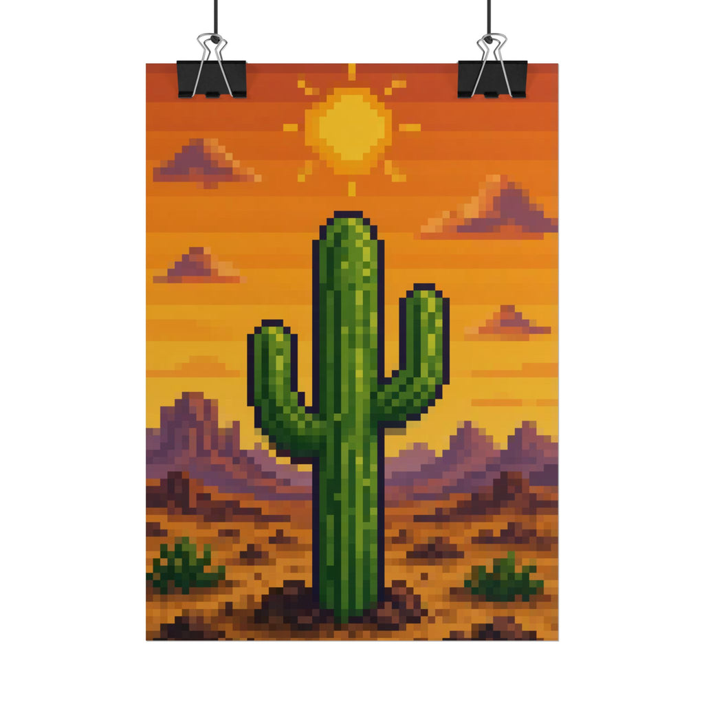 Pixel Desert Sunset 5x7 rolled art print hanging from clips