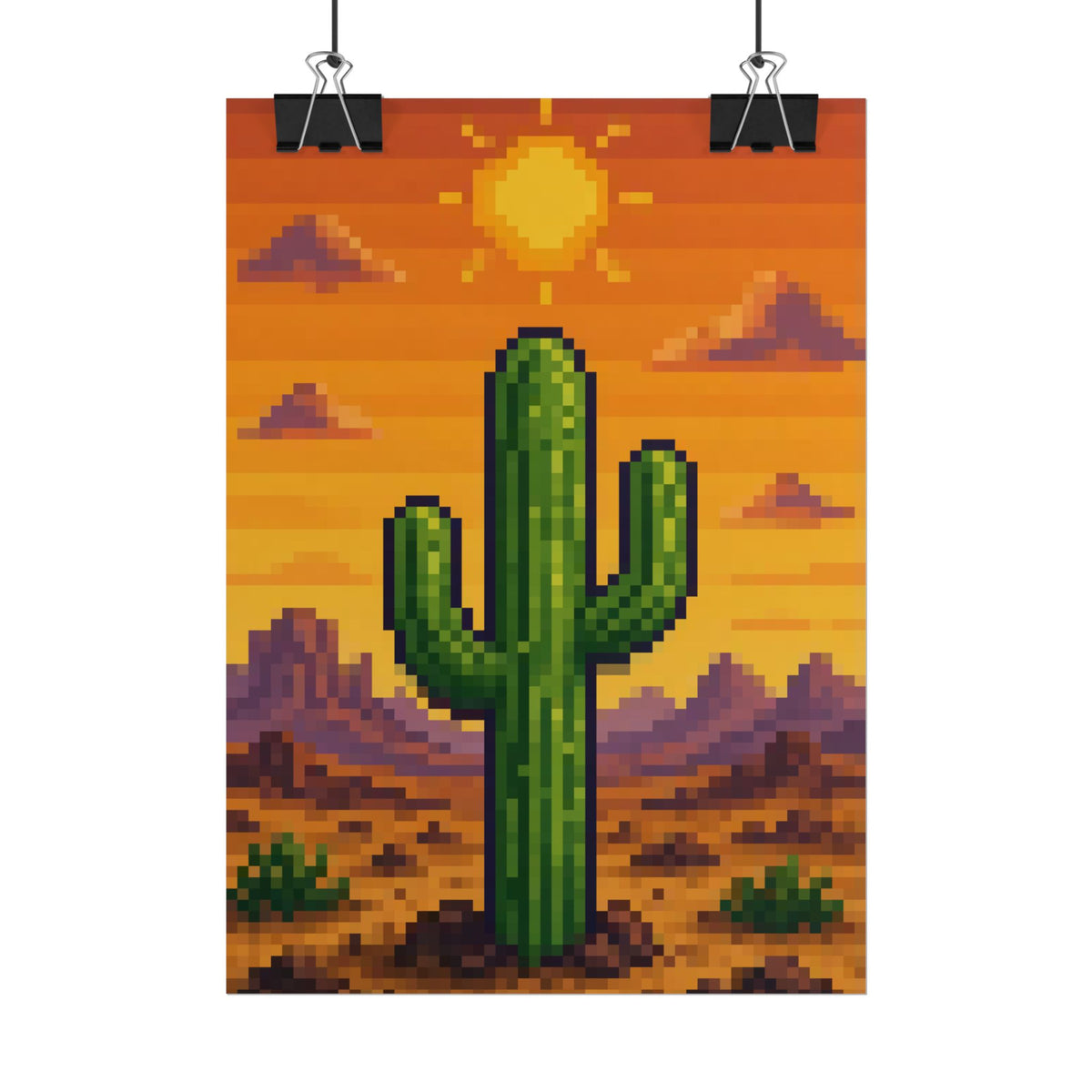 Pixel Desert Sunset 5x7 rolled art print hanging from clips