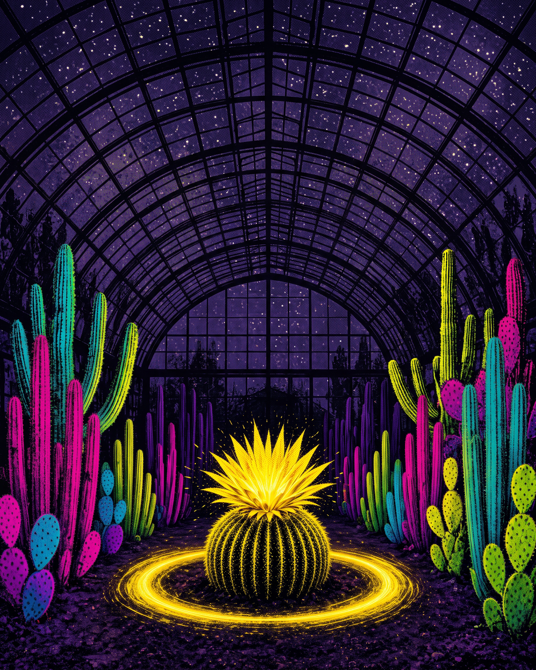 Specimen 01: Ignition, a yellow barrel cactus bloom in a glowing greenhouse