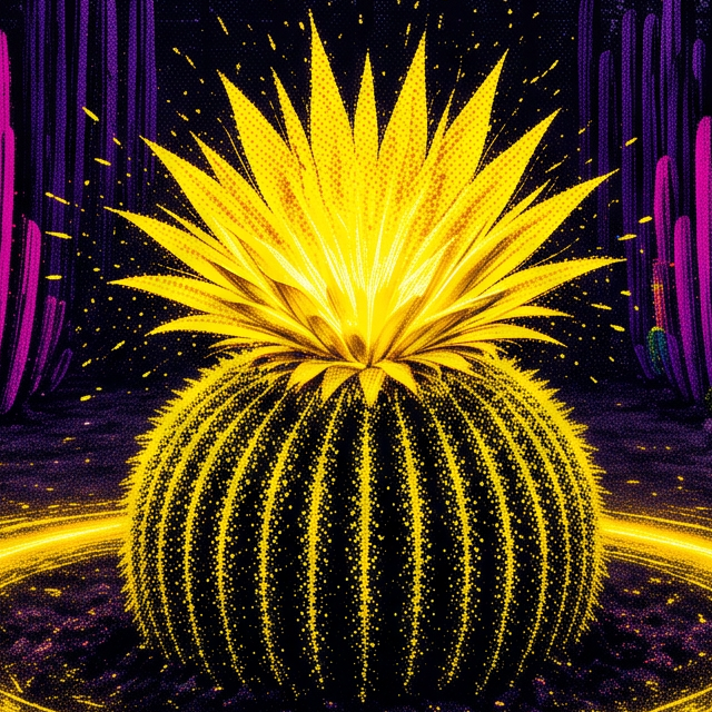 print detail: barrel cactus ribs and yellow bloom spikes