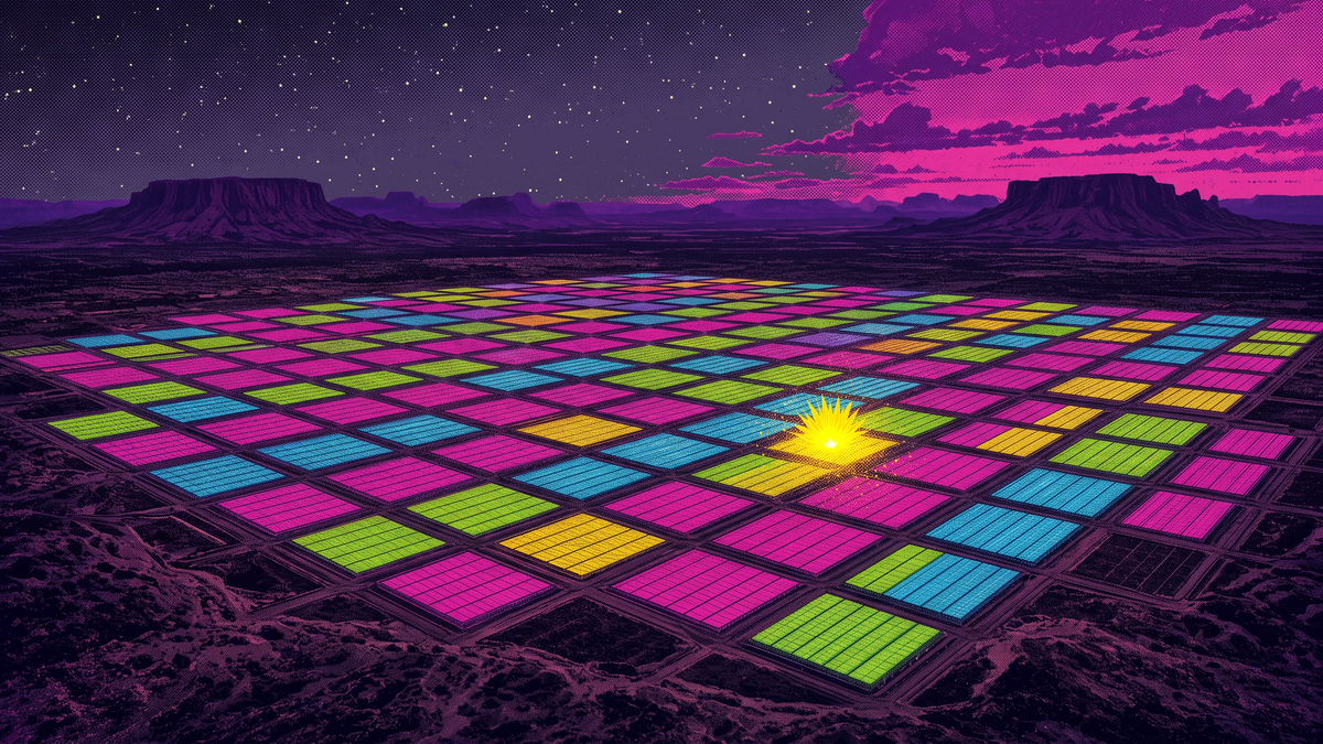Specimen 01 world: a grid of glowing glass greenhouses across a dusk desert