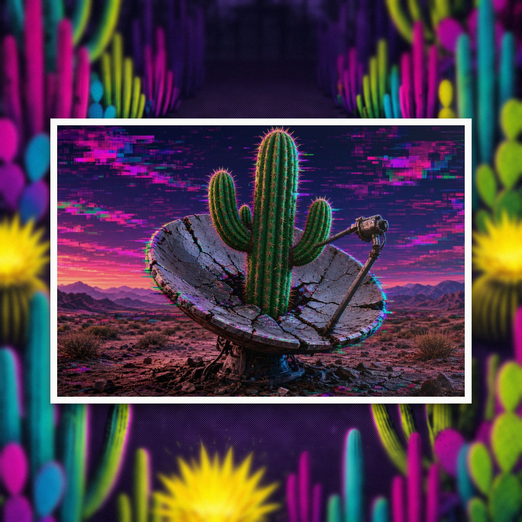 Glitch Cactus Satellite rolled art print on a dark desert background