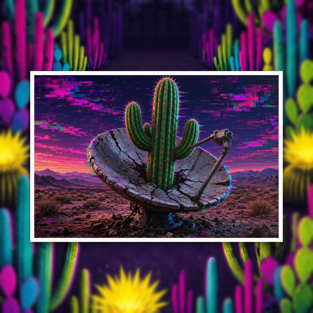 Glitch Cactus Satellite rolled art print on a dark desert background