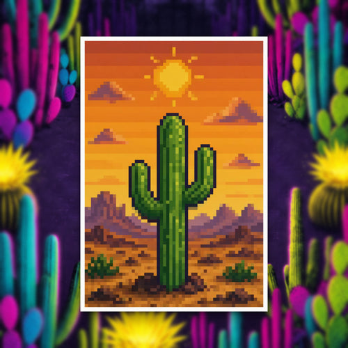 Pixel Desert Sunset rolled art print on a dark desert background