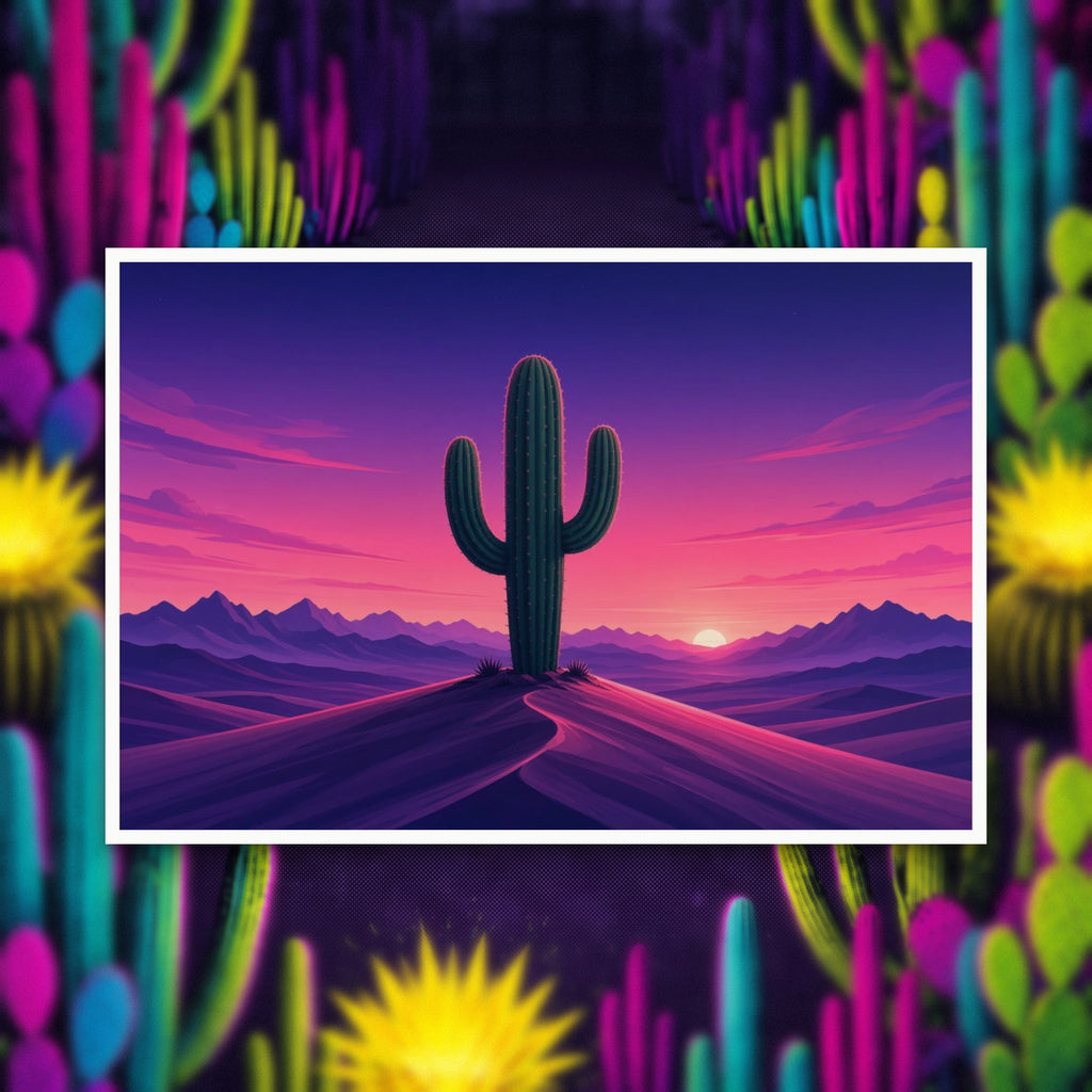 Synthwave Saguaro Sunset rolled art print on a dark desert background
